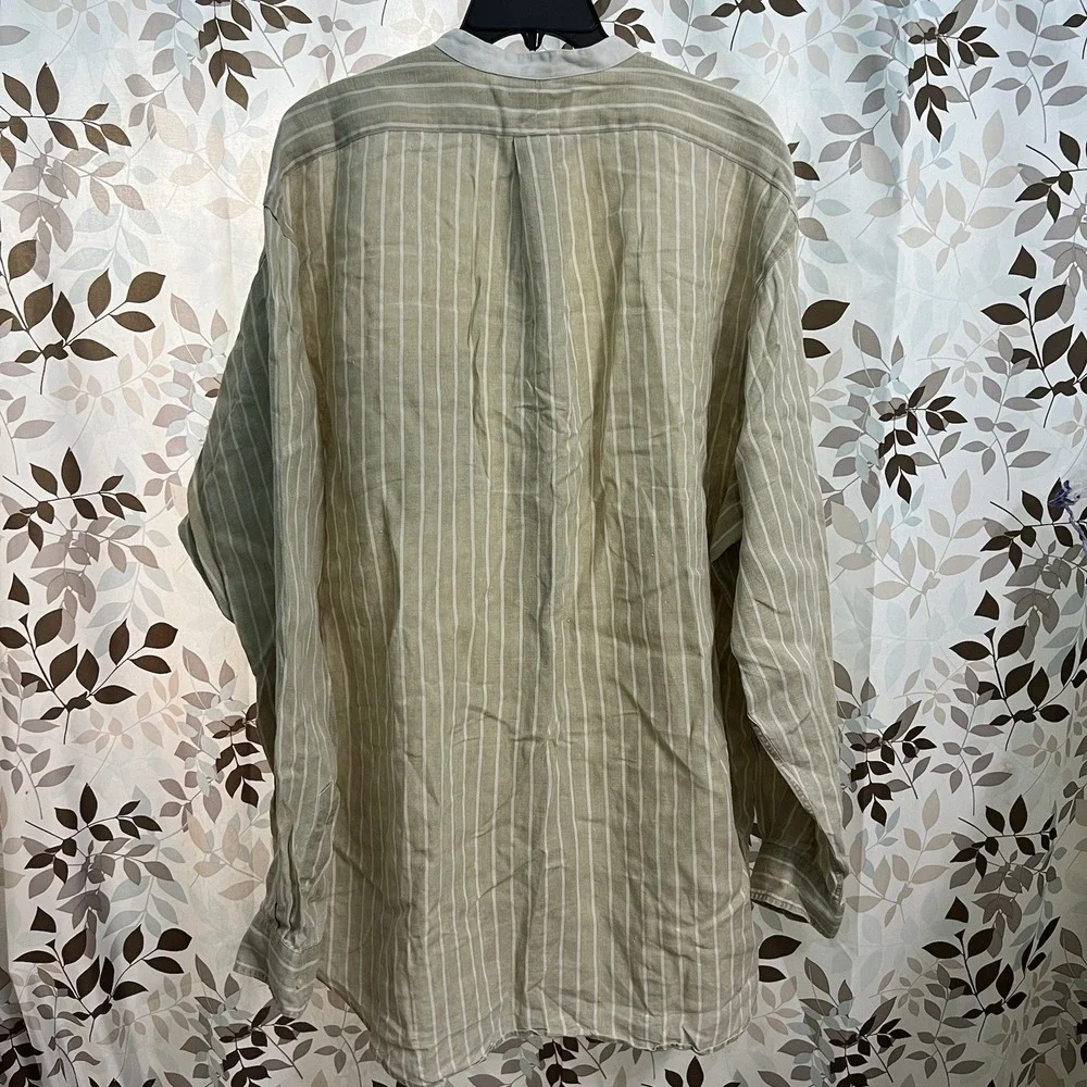 Vintage Polo Ralph Lauren Linen Band Collar Grandad Shirt XL Beige White Stripe